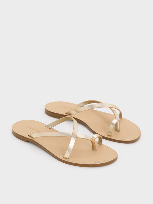 Metallic Asymmetric Strappy Toe-Ring Sandals, Light Gold, hi-res
