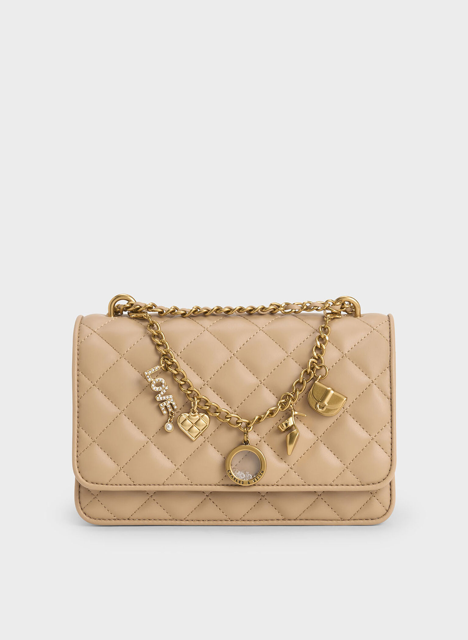 Charm-Embellished Quilted Clutch, Nude, hi-res