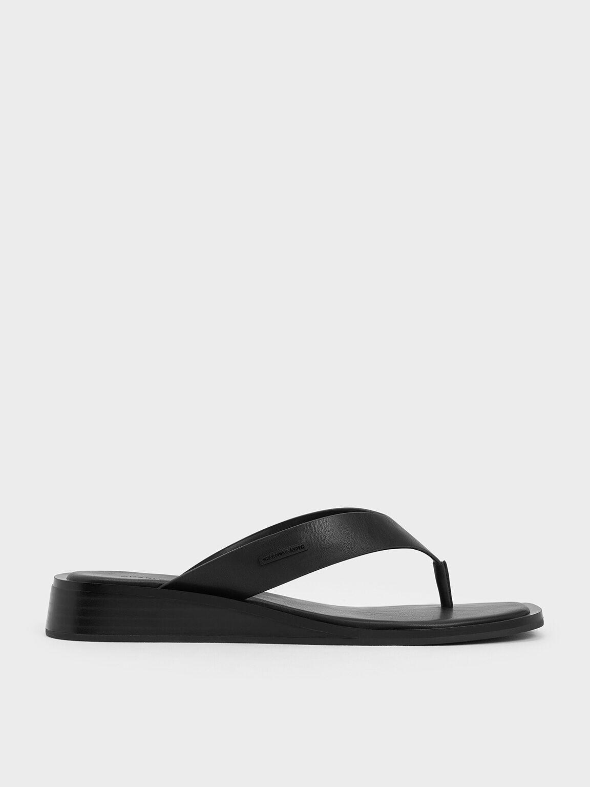 V Strap Wedge Thong Sandals Black