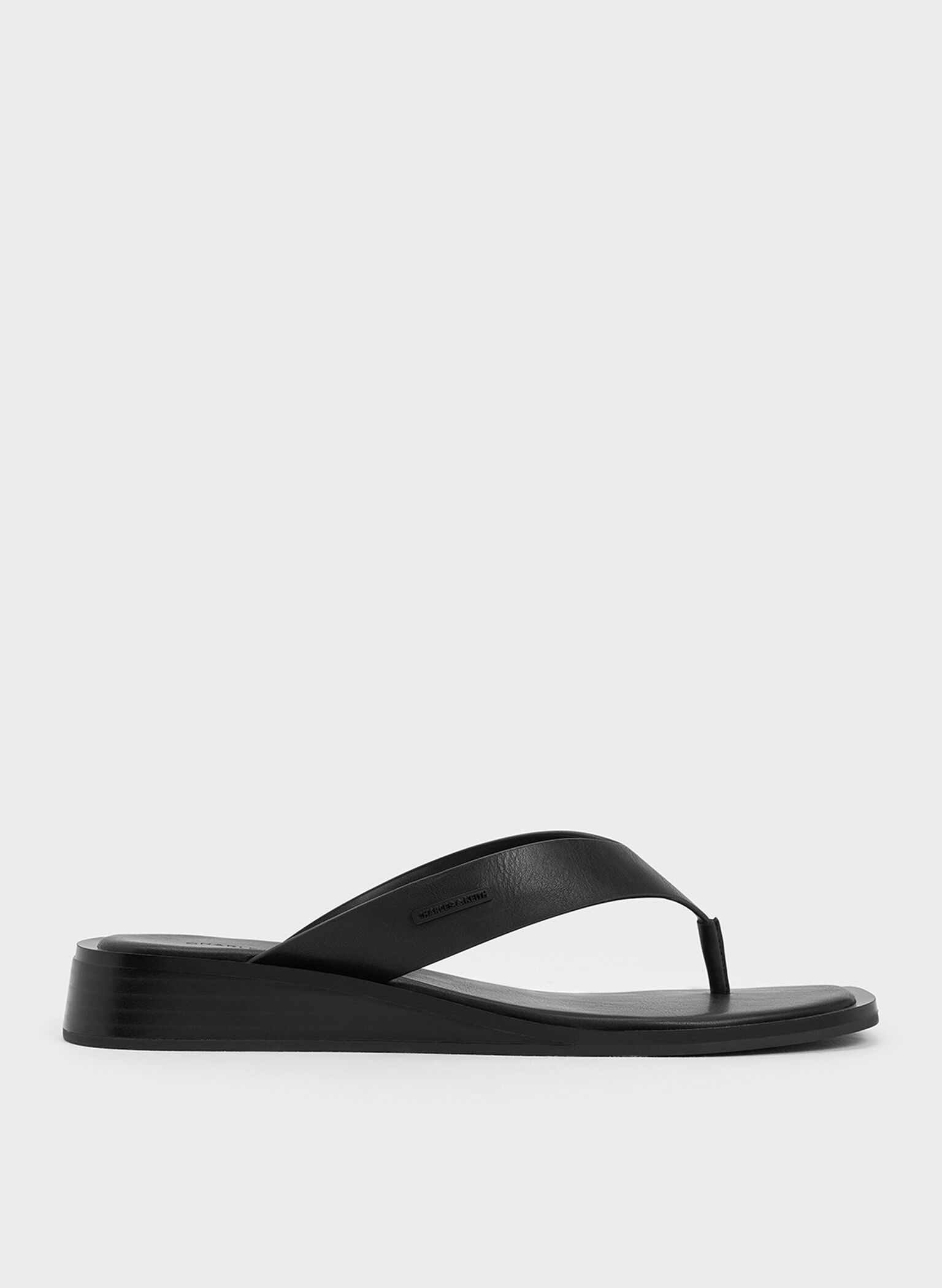 V-Strap Wedge Thong Sandals, Black, hi-res