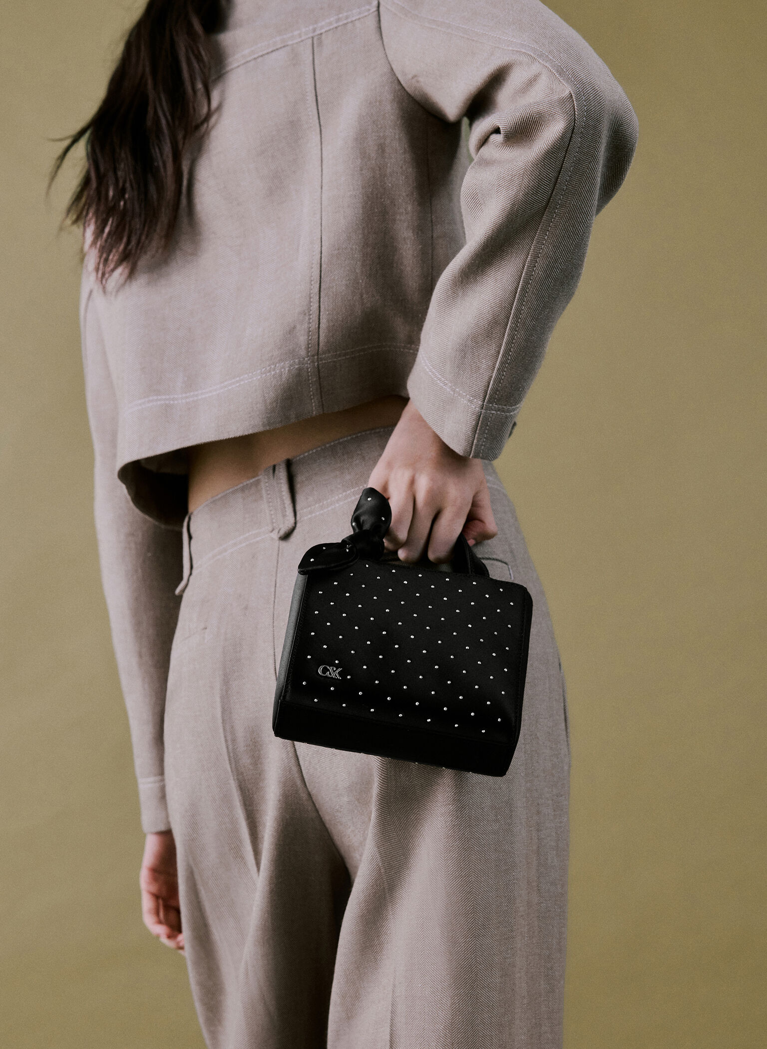 Satin Studded Knotted-Bow Mini Bag, Noir Studded Satin, hi-res