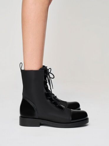 Nylon & Patent Combat Boots, Black, hi-res