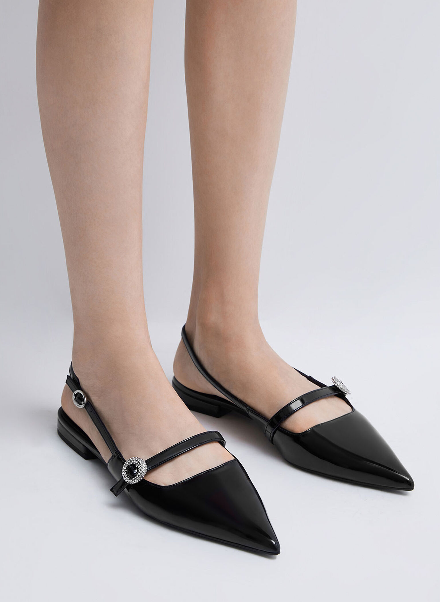 Patent Crystal-Embellished Slingback Flats, Black Patent, hi-res