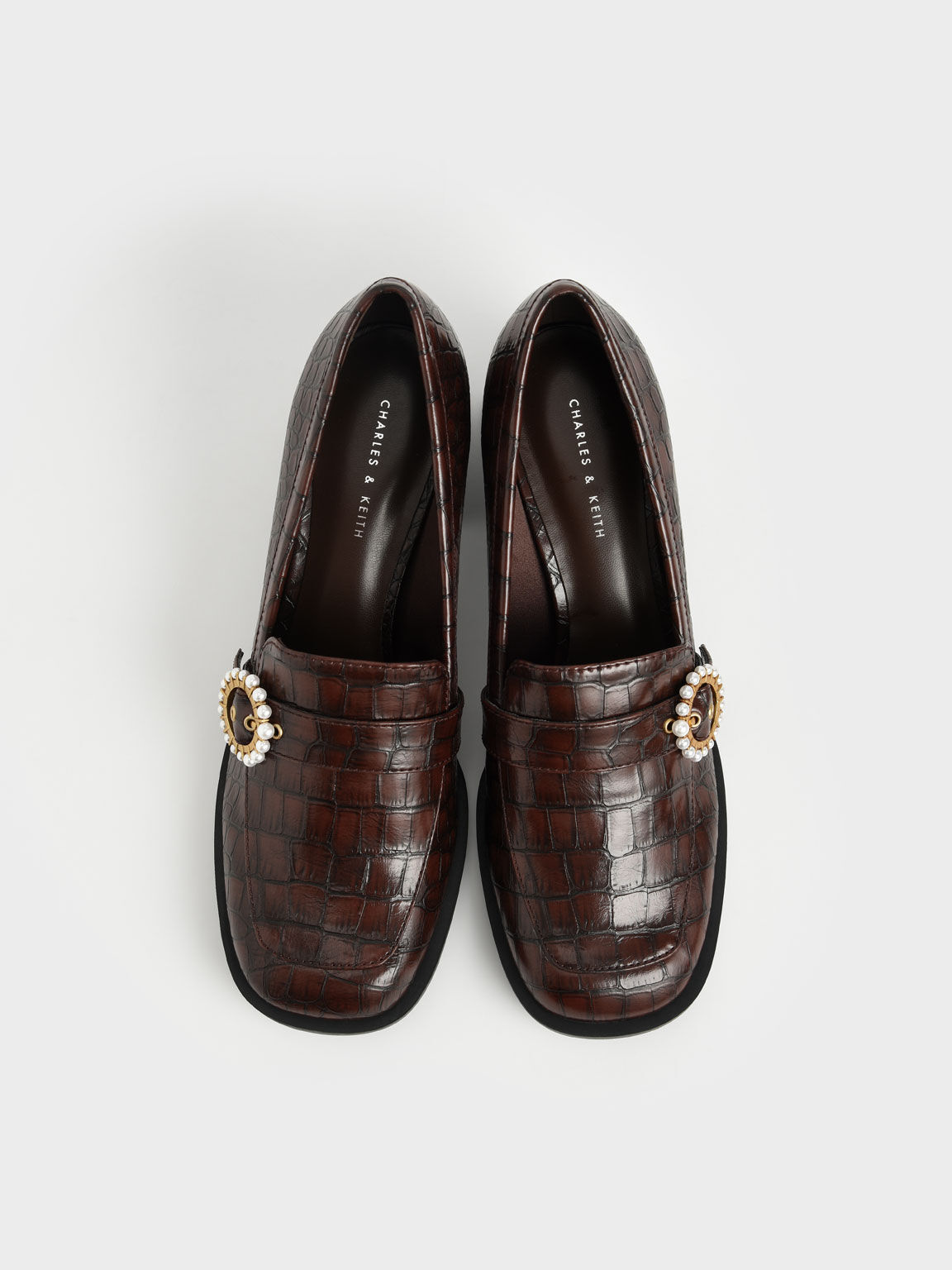 Beaded Accent Croc-Effect Loafer Pumps, Animal Print Brown, hi-res