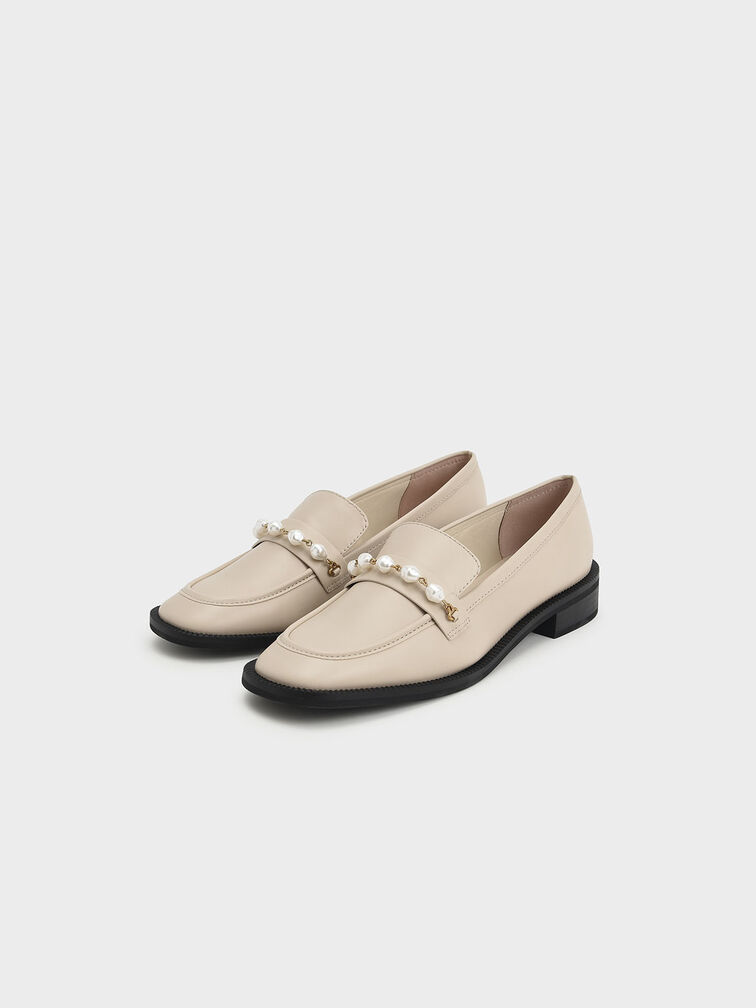 Beaded Penny Loafers, Cream, hi-res