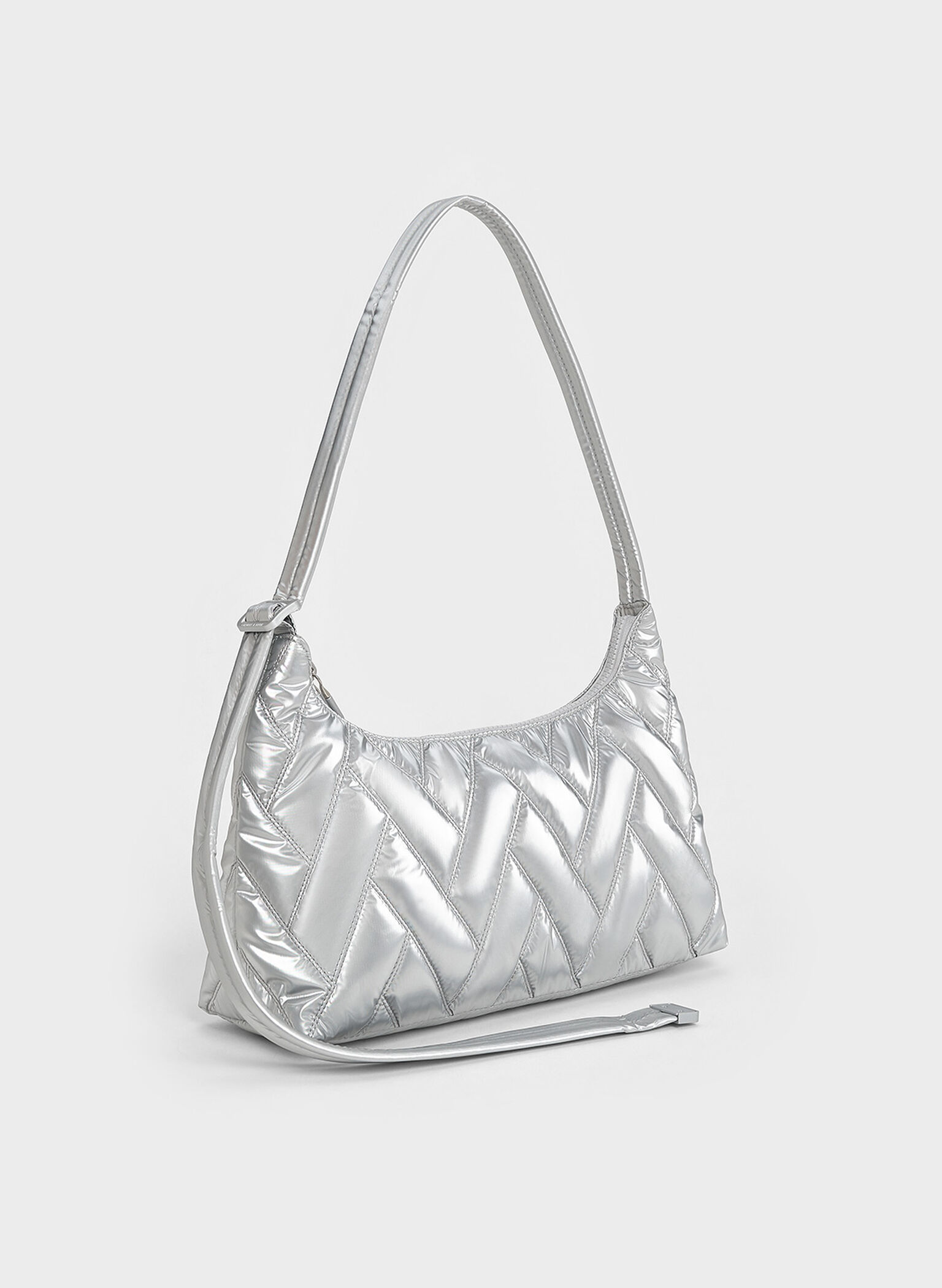 Nylon Chevron Shoulder Bag, Silver, hi-res