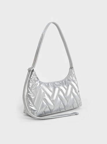Nylon Chevron Shoulder Bag, Silver, hi-res