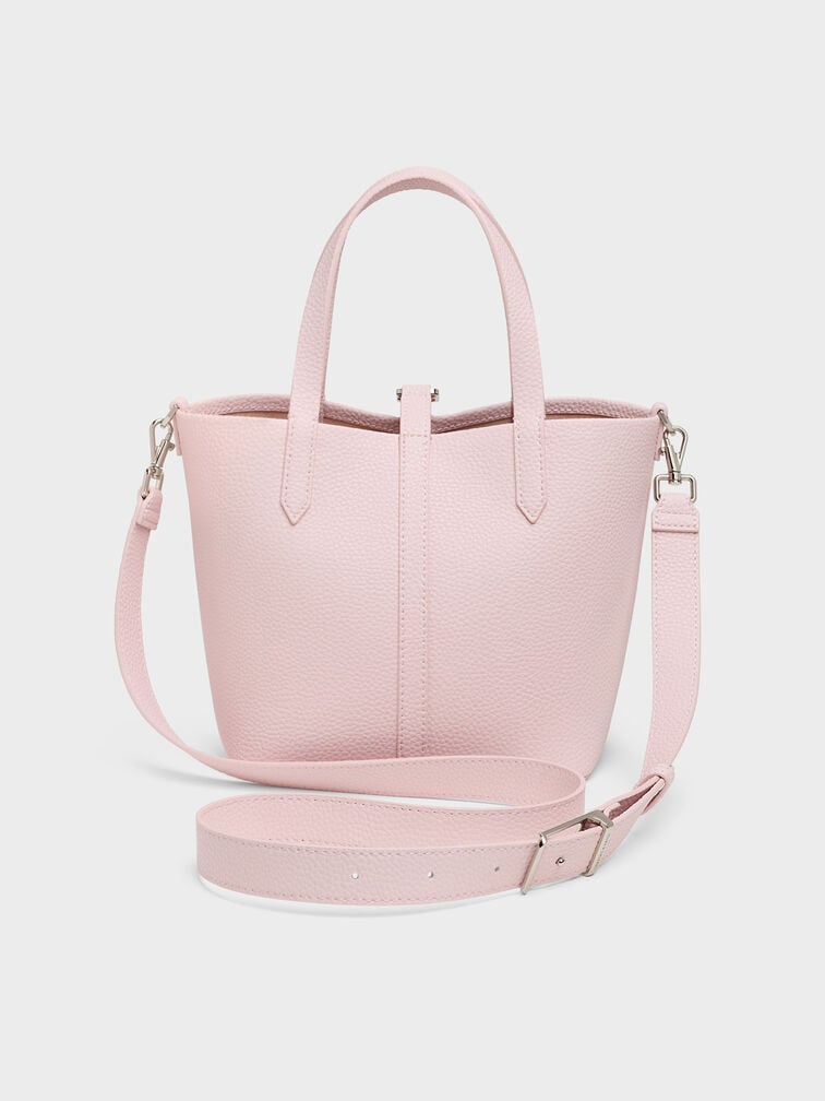 Beryl Recycled Leather Double-Handle Belted Bucket Bag, Cotton Candy Pink, hi-res