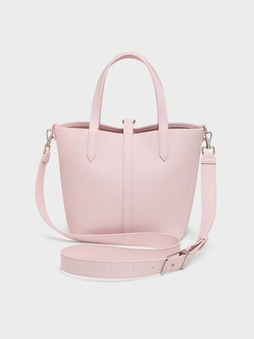 Beryl Recycled Leather Double-Handle Belted Bucket Bag, Cotton Candy Pink, hi-res