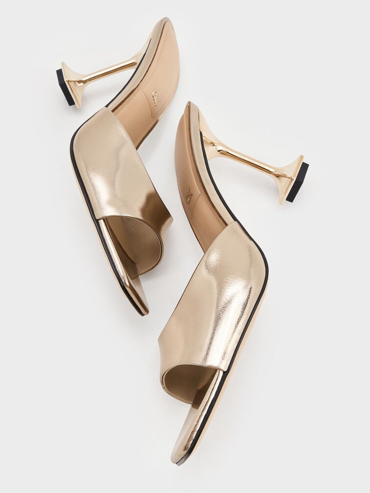 Jacqueline Metallic Leather Sculptural-Heel Mules, Champagne, hi-res