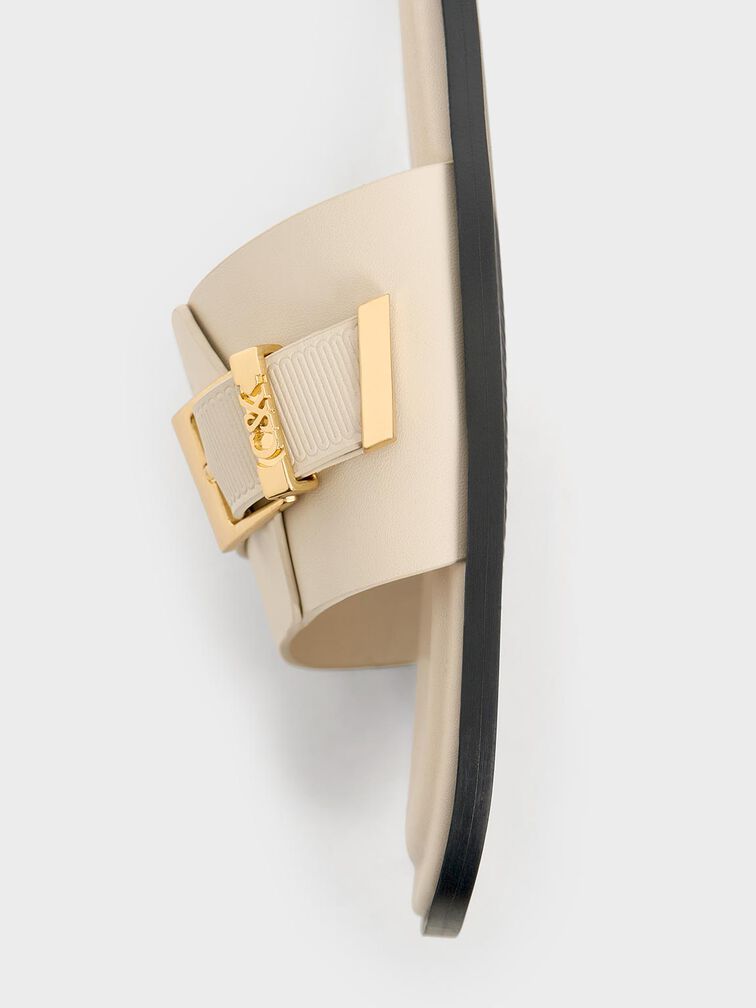 Whitney Leather Buckled Square-Toe Slide Sandals, Chalk, hi-res