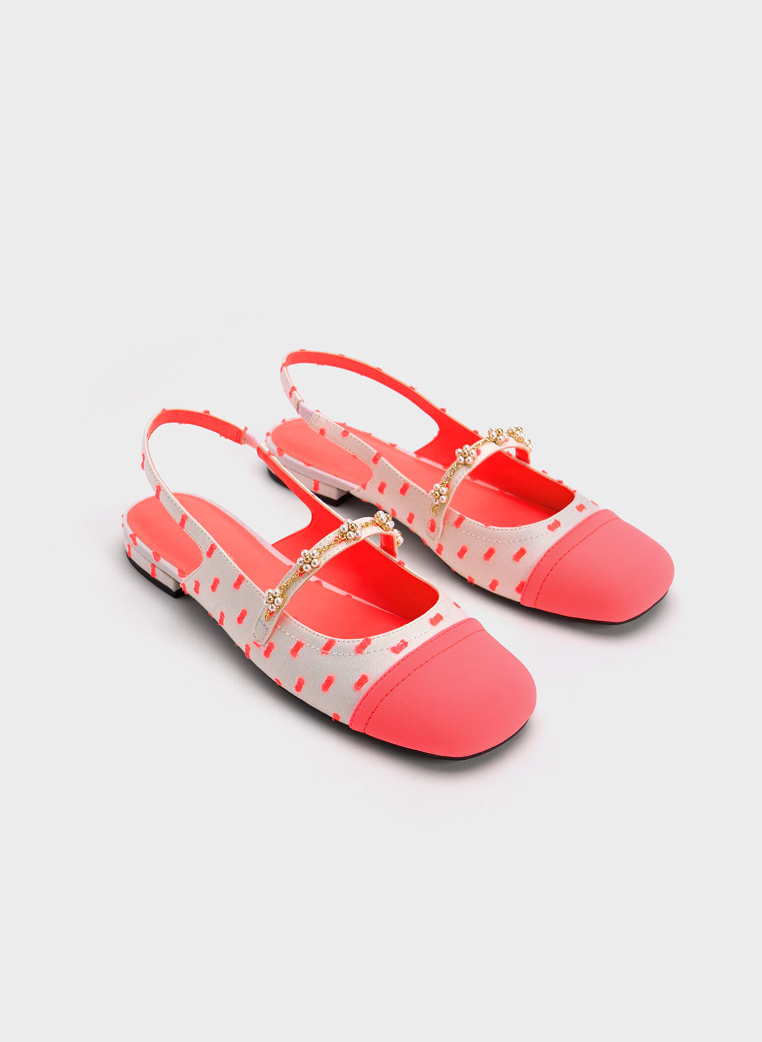 Beaded Flower Printed Slingback Flats, Coral Pink, hi-res