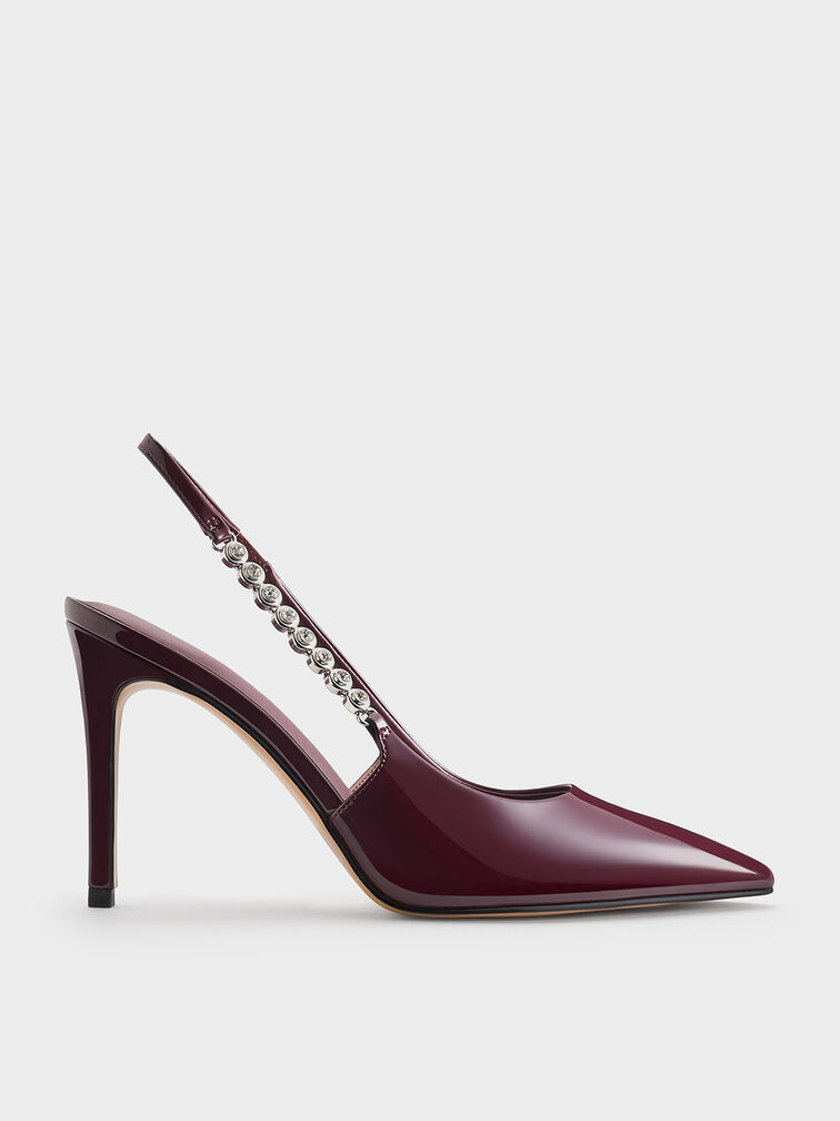 Flores Patent Gem-Strap Slingback Pumps, Burgundy, hi-res