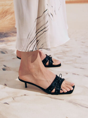 Satin Lace-Up Double-Strap Kitten-Heel Mules, Black Textured, hi-res