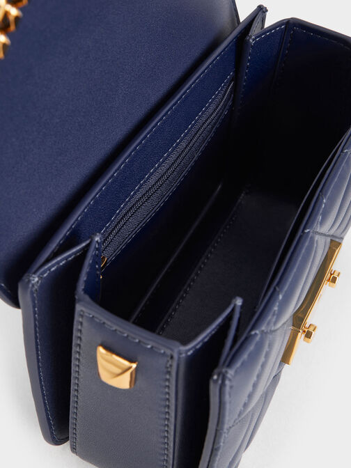 Metallic Push-Lock Chain Bag, Navy, hi-res