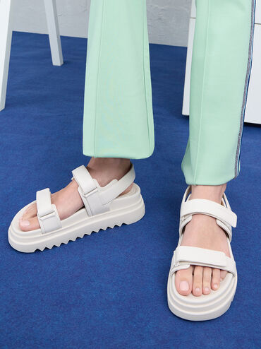 Double-Strap Ridged-Sole Flatform Sandals, Cream, hi-res