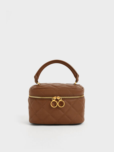 Quilted Two-Way Zip Mini Bag, Chocolate, hi-res