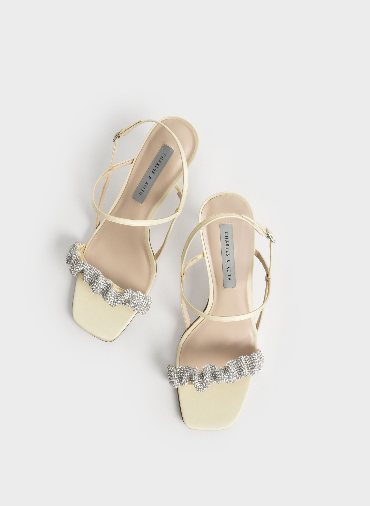 Gem-Embellished Satin Stiletto Sandals, Yellow, hi-res