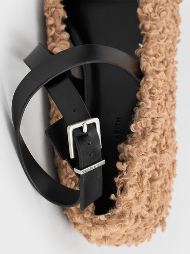 Margot Furry Crossover-Strap Ballet Flats, Camel, hi-res