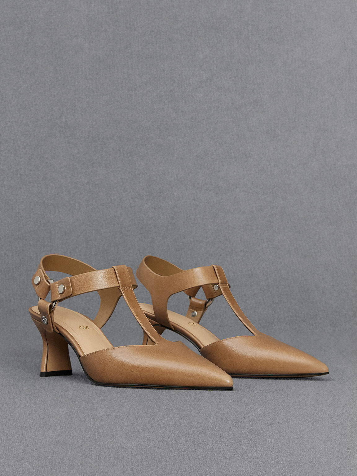 Leather Buckled T Bar Pumps Taupe