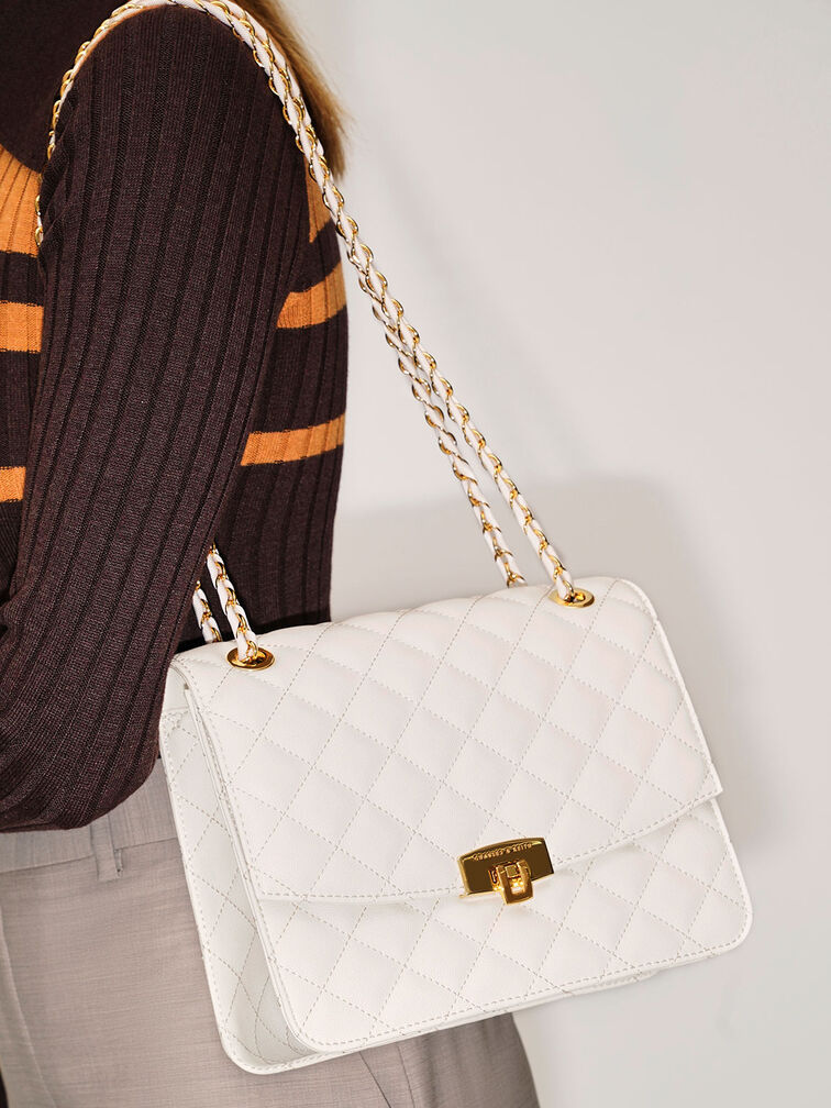 Quilted Chain Strap Clutch, Cream, hi-res