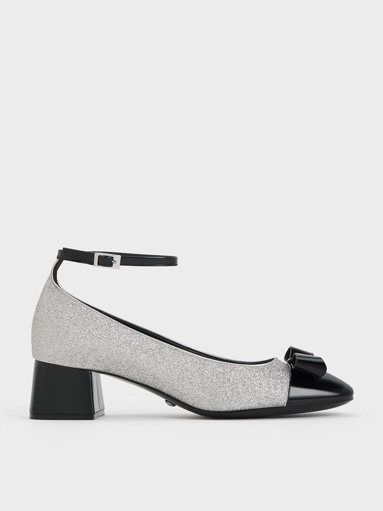 Leather & Glitter Bow Ankle-Strap Pumps, Silver, hi-res