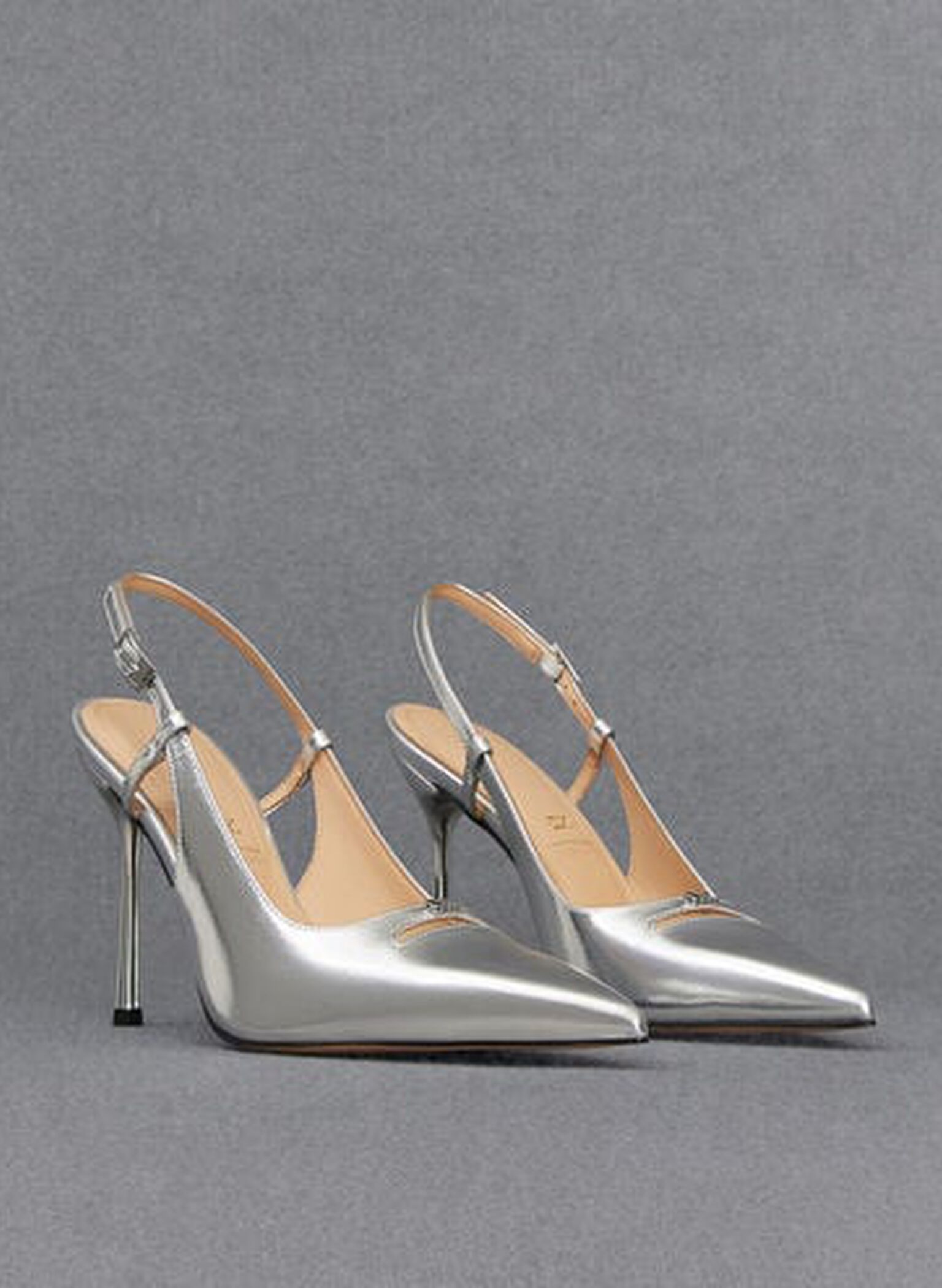 Metallic Leather Pointed-Toe Slingback Pumps, Silver, hi-res