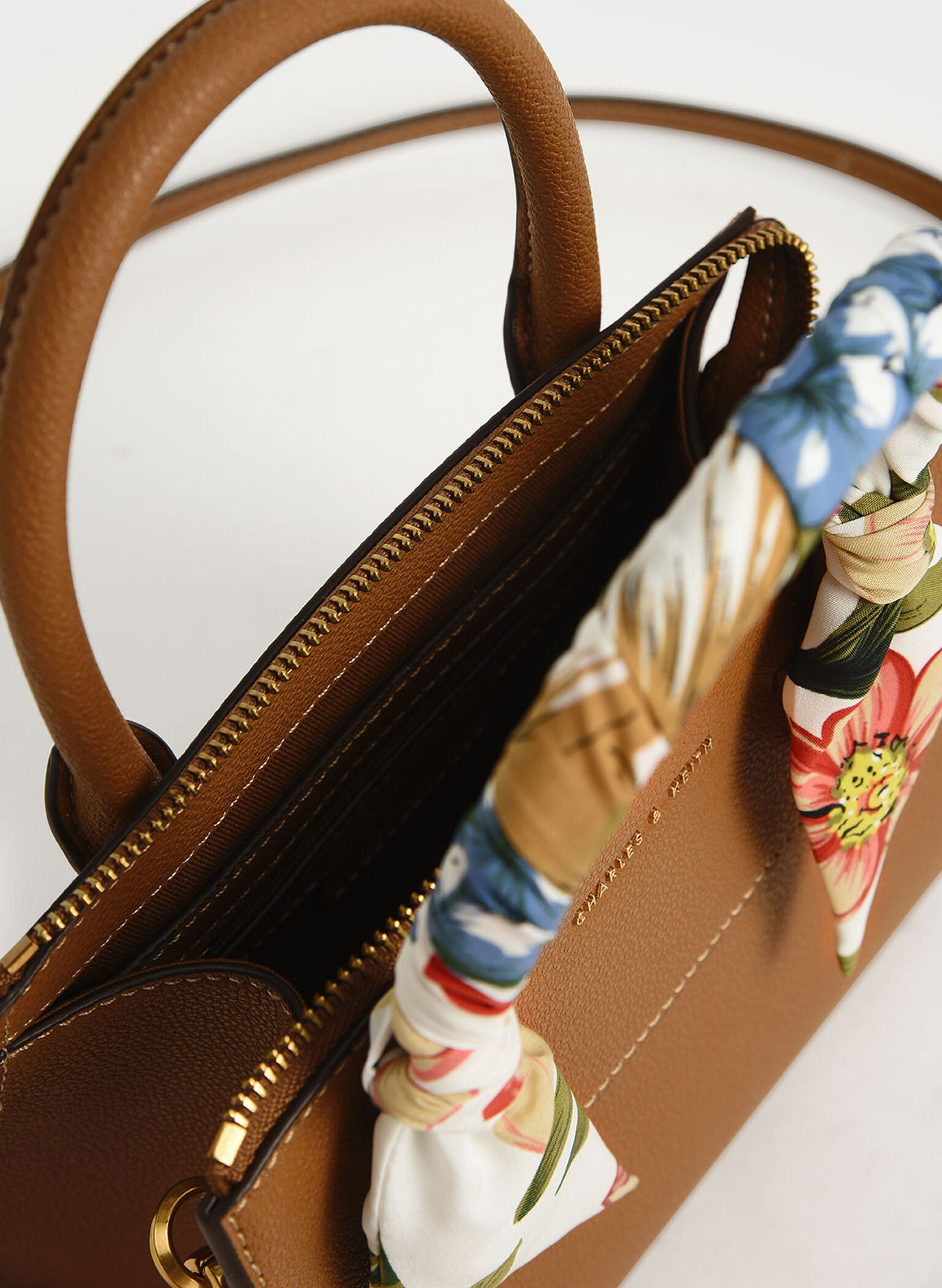 Scarf-Wrapped Top Handle Bag, Camel, hi-res