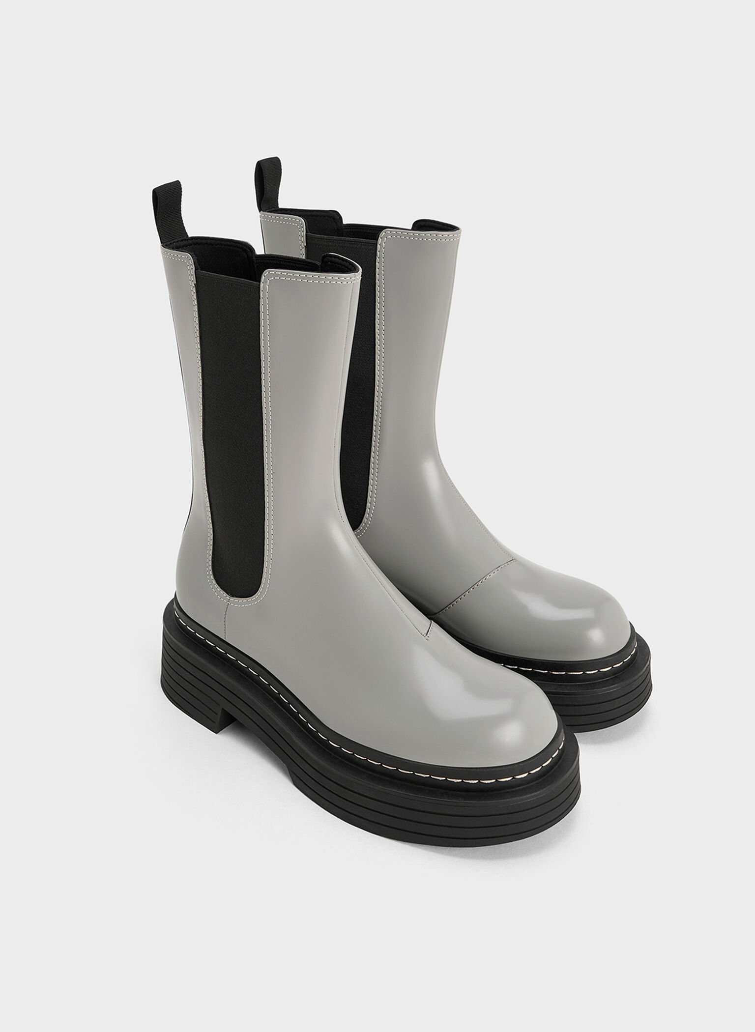 Stitch-Trim Platform Mid-Calf Chelsea Boots, Grey, hi-res