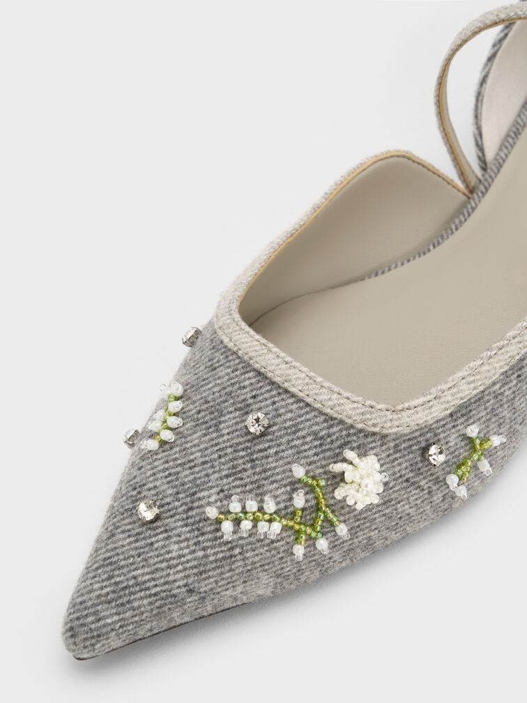 Twill Bead-Flower Pointed-Toe D'Orsay Mary Jane Flats, Grey, hi-res