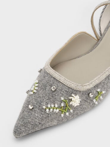 Twill Bead-Flower Pointed-Toe D'Orsay Mary Jane Flats, Grey, hi-res