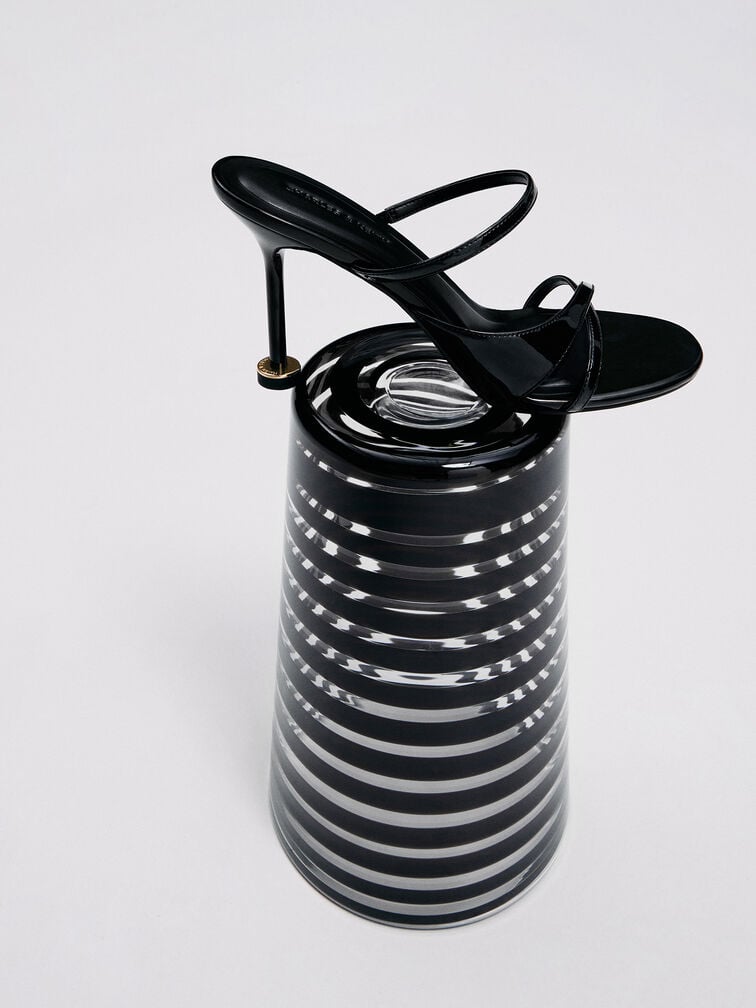 Wynn Patent Crossover Sculptural-Heel Strappy Mules, Black Patent, hi-res