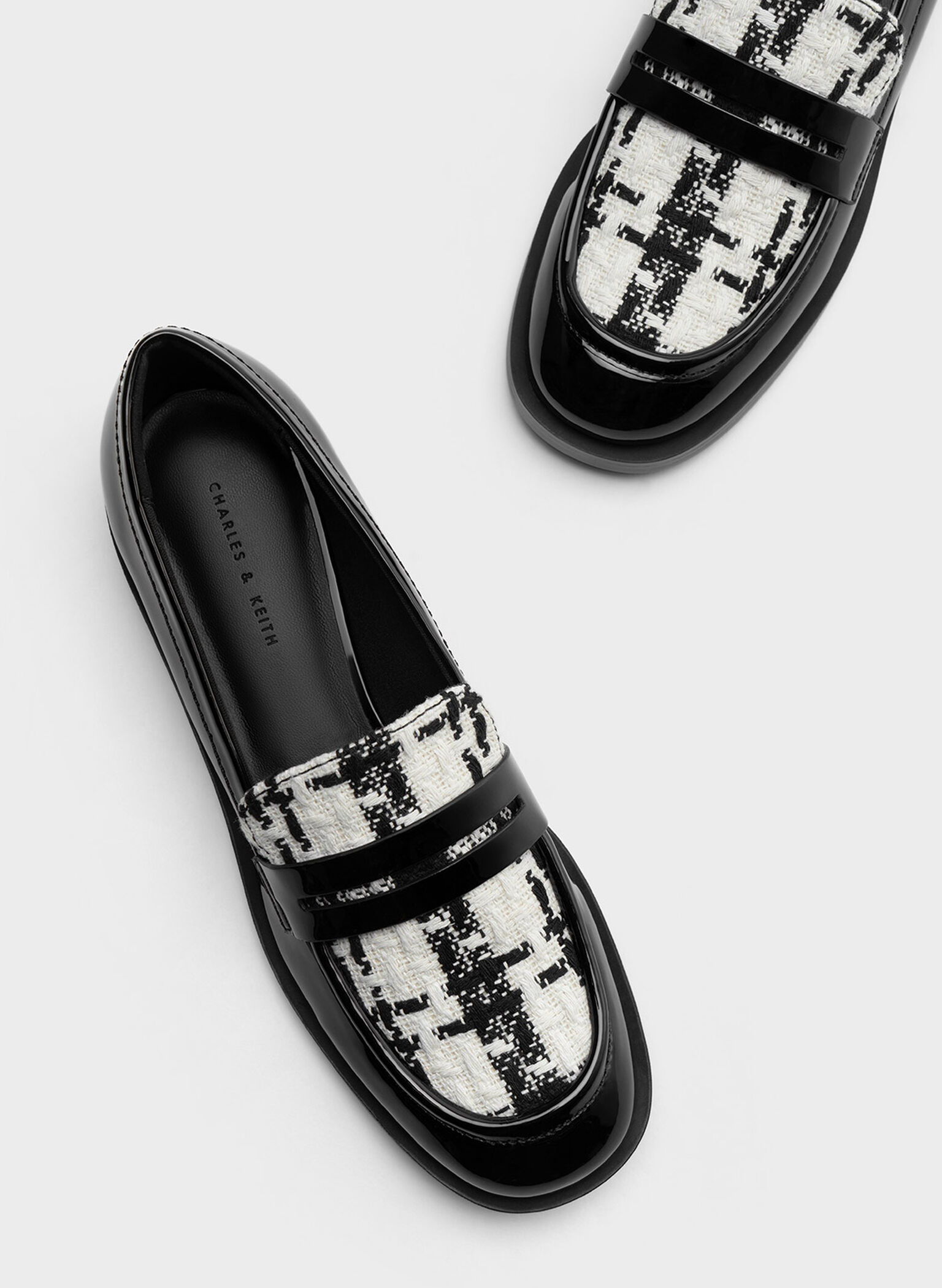 Gretel Tweed Penny Loafers, Black Patent, hi-res