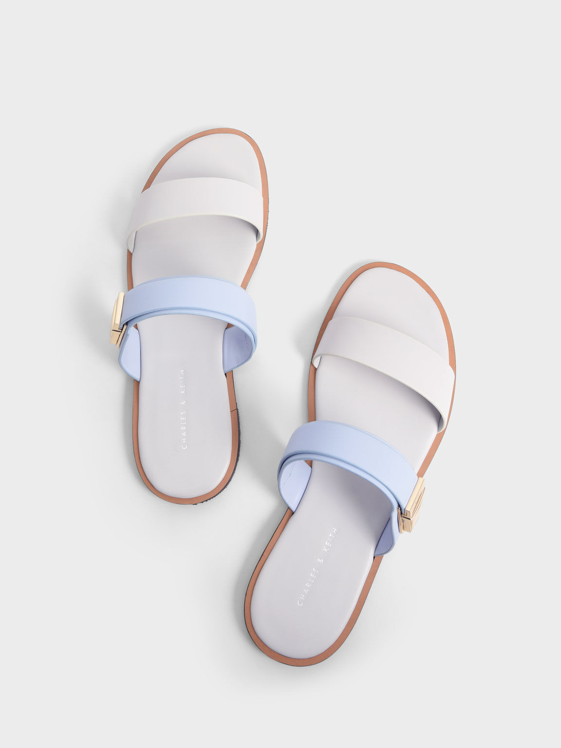 Metallic Buckle Slide Sandals, Light Blue, hi-res