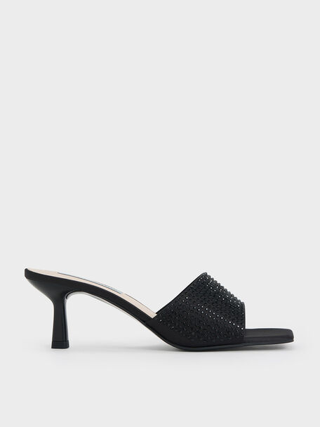 Recycled Polyester Crystal-Embellished Heeled Mules, Black Textured, hi-res