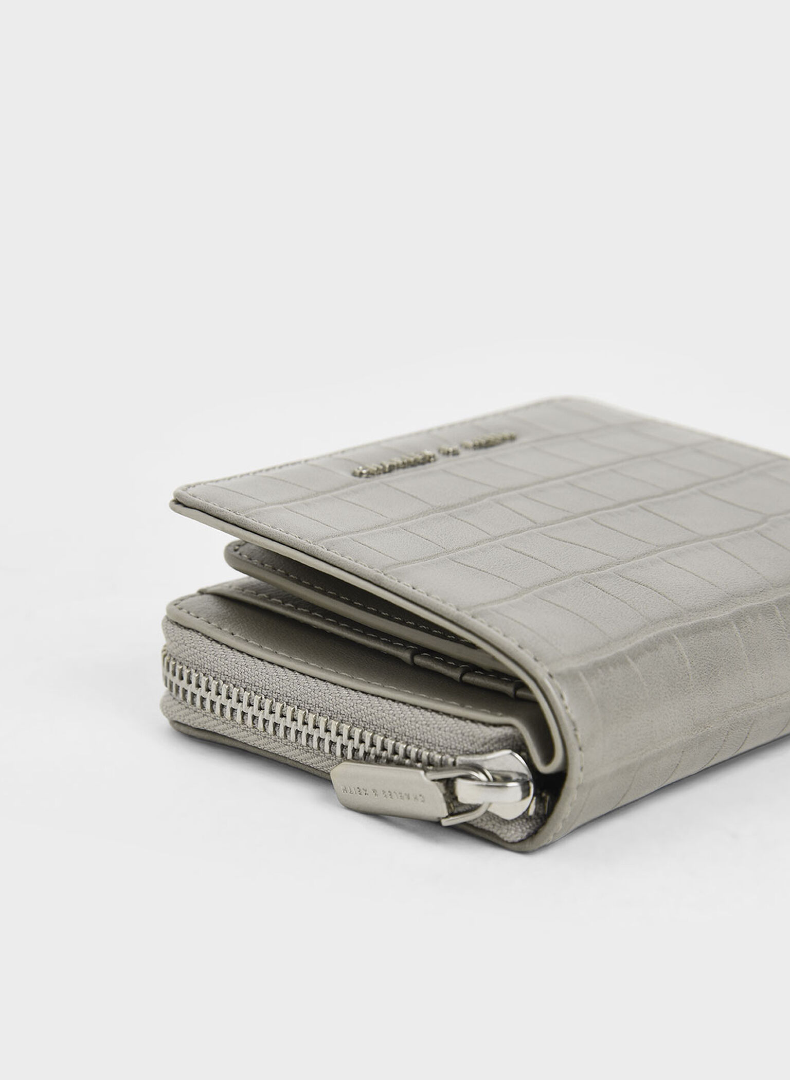 Croc-Effect Small Zip-Around Wallet, Light Grey, hi-res