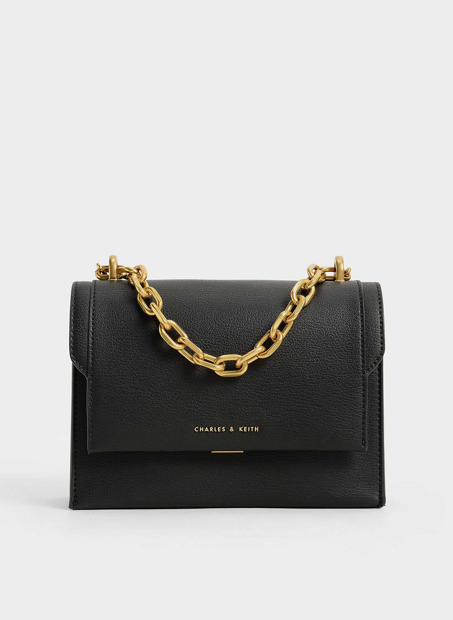 Front Flap Chain Handle Crossbody Bag, Black, hi-res
