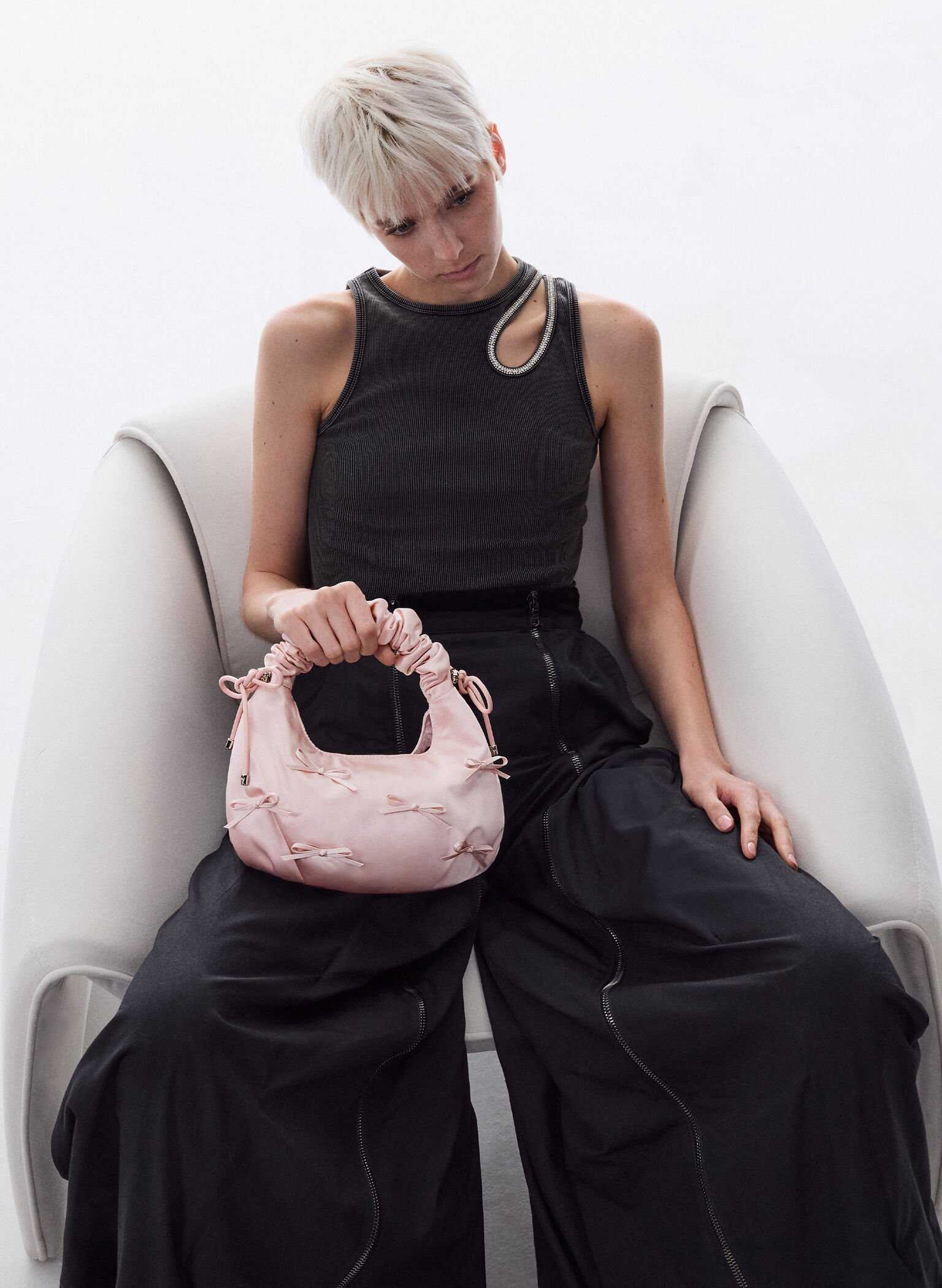 Satin Bow Ruched-Handle Bag, Baby Pink, hi-res