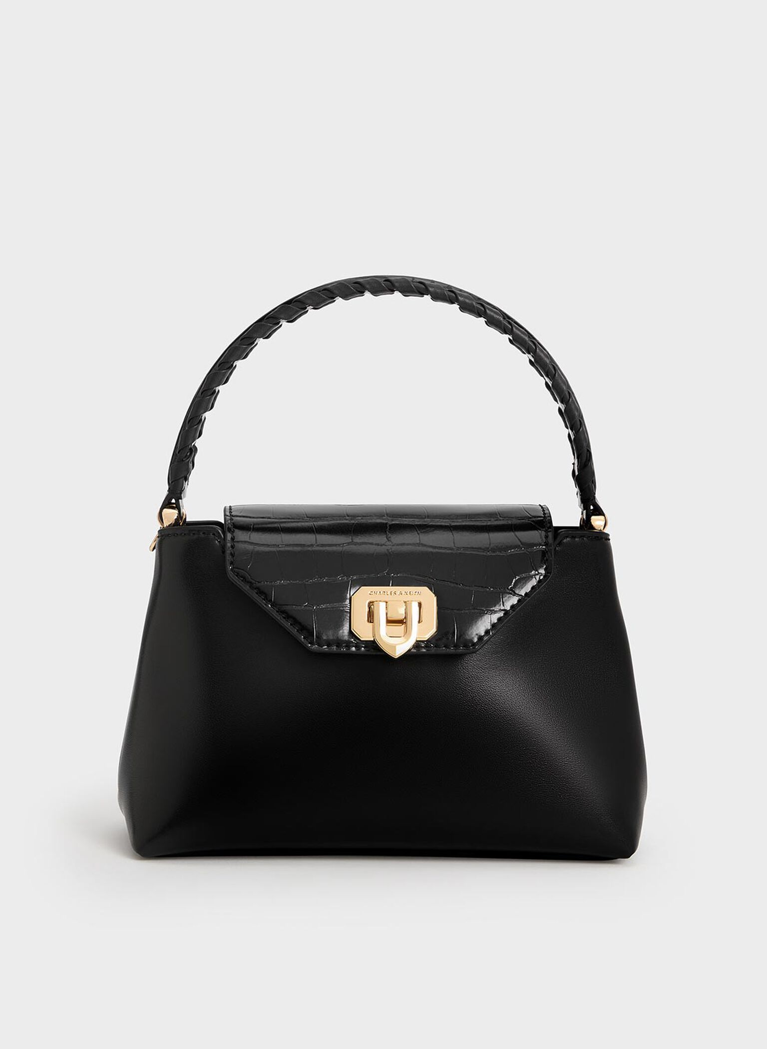Arwen Croc-Effect Braided-Strap Top Handle Bag, Black, hi-res