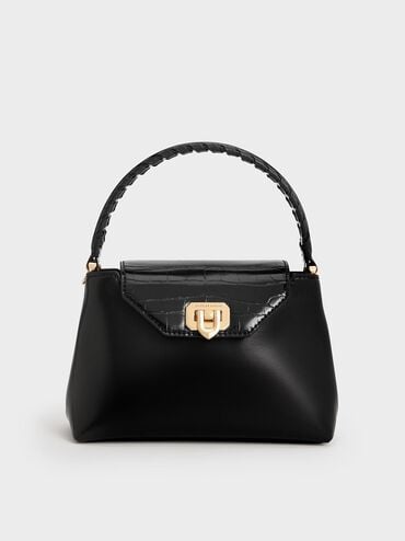 Arwen Croc-Effect Braided-Strap Top Handle Bag, Black, hi-res