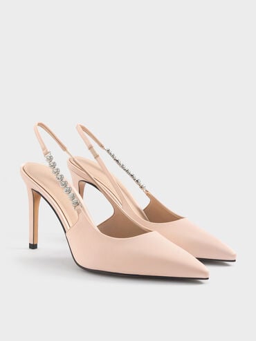 Flores Recycled Polyester Gem-Strap Slingback Pumps, Beige, hi-res