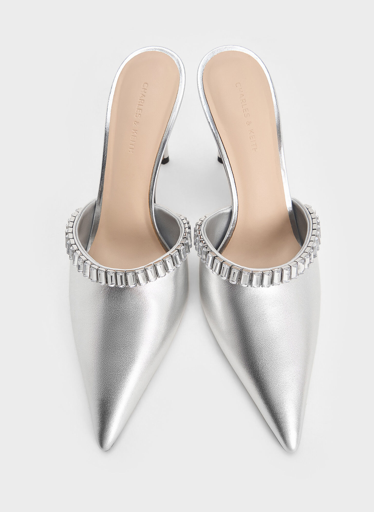 Metallic Crystal-Embellished Pointed-Toe Heeled Mules, Silver, hi-res