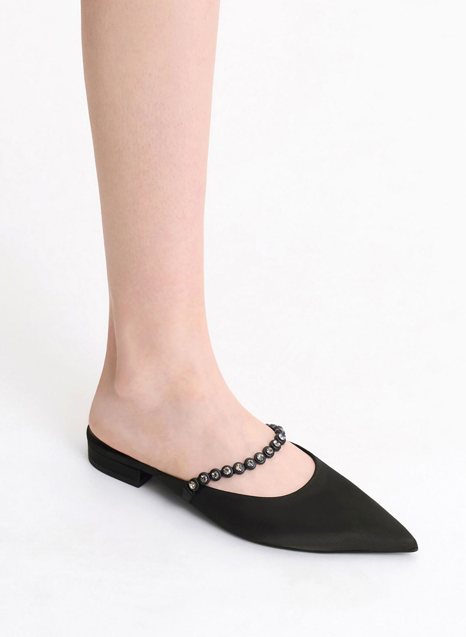 Gem-Strap Flat Mules, Black, hi-res