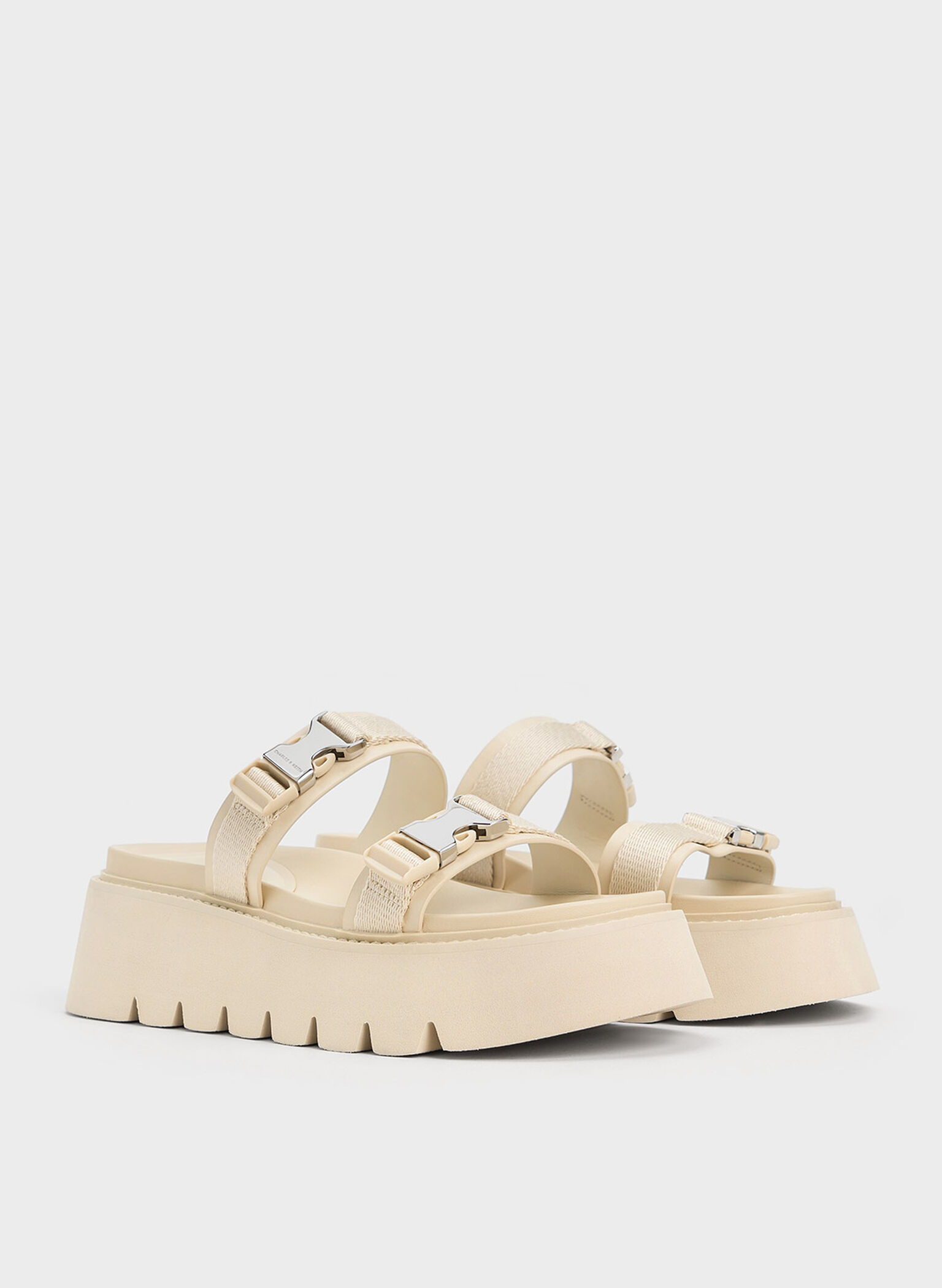 Laine Metallic-Buckle Flatform Sandals, Beige, hi-res