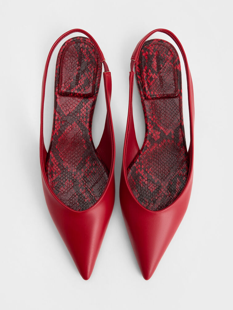 Pointed-Toe High-Vamp Slingback Flats, Red, hi-res
