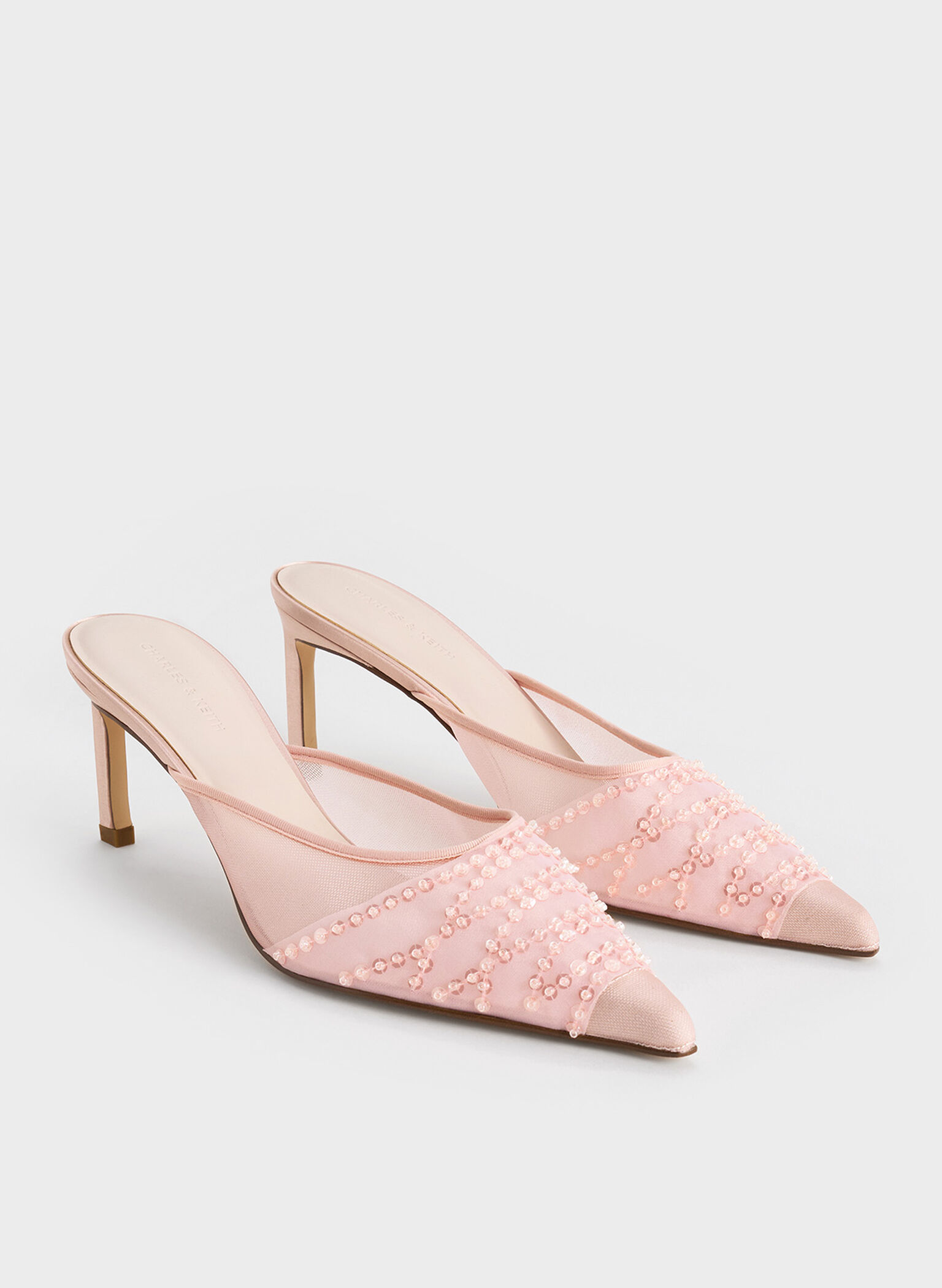 Mesh Sequinned Heeled Mules, Nude, hi-res