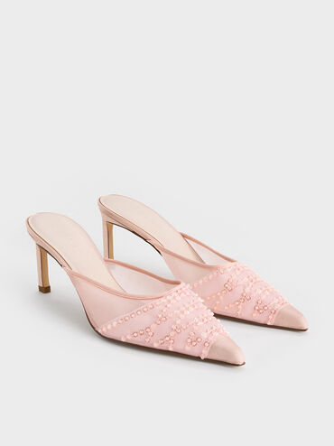 Mesh Sequinned Heeled Mules, Nude, hi-res