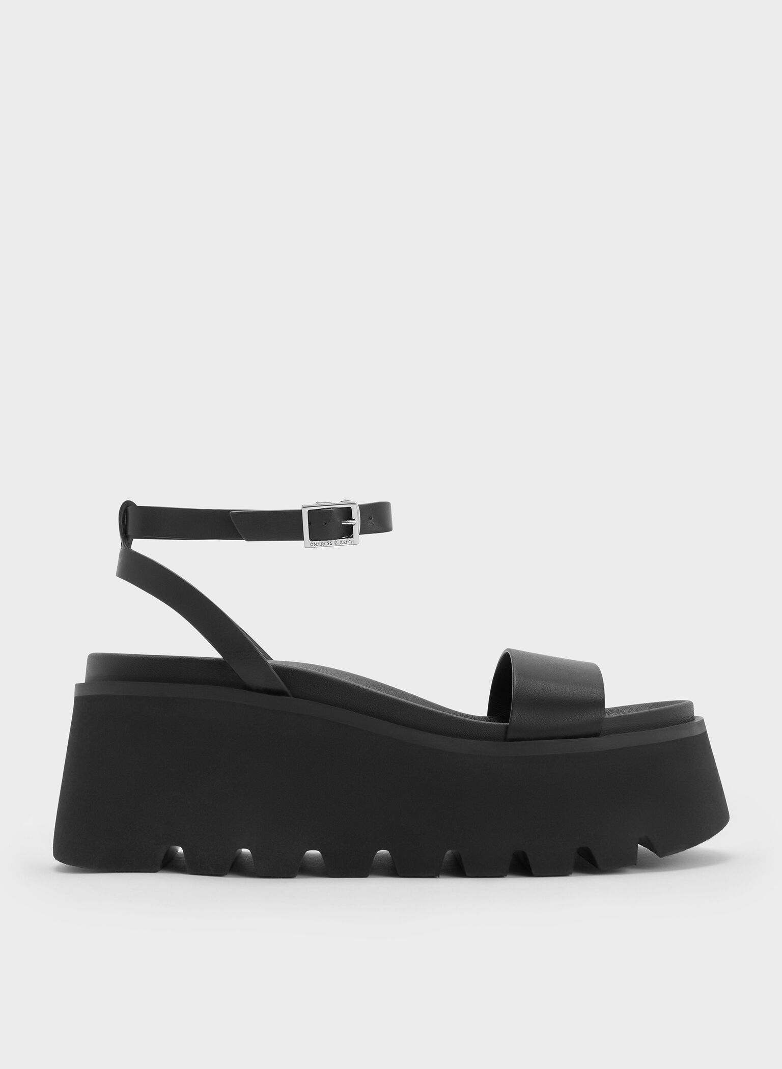 Ridged-Sole Ankle-Strap Flatform Sandals, Black, hi-res