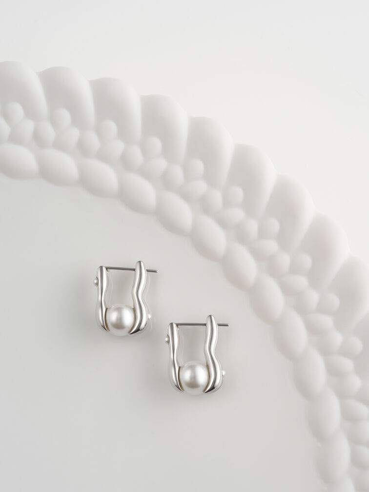 Corrine Pearl Sculptural Drop Earrings, Silver, hi-res