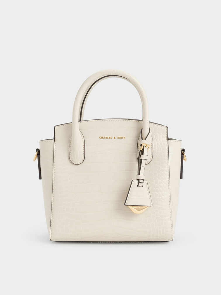 Harper Croc-Effect Structured Top Handle Bag, Ivory, hi-res